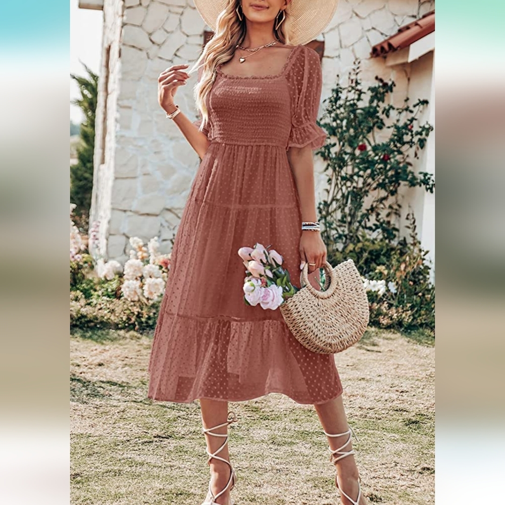 MEROKEETY Women's Square Neck Puff Sleeve Boho Midi Dress Swiss Dot Ruffle Flowy